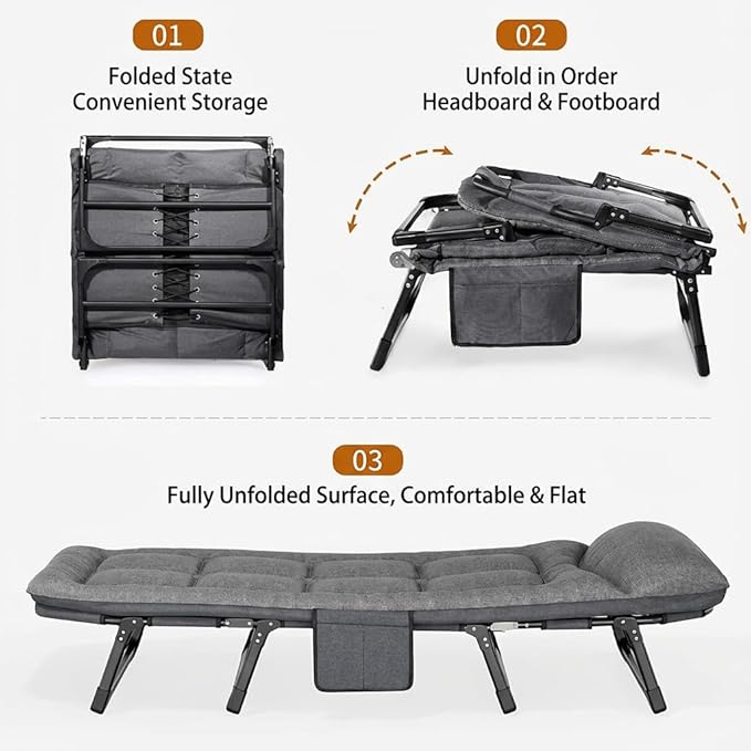 Portable Folding Bed Cot Recliner 6 Position Adjustable Backrest with Pillow Heavy Duty Steel Frame for Camping Office Nap Indoor Outdoor Use (Small(66in))
