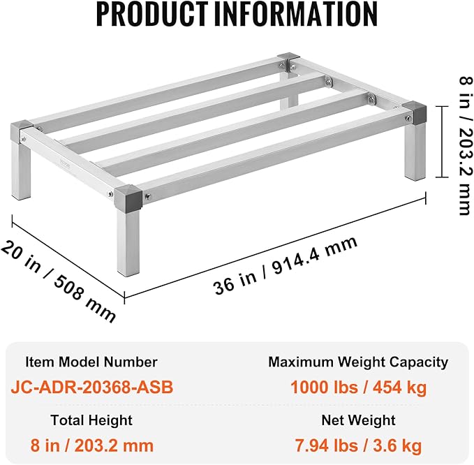 VEVOR Aluminum Dunnage Rack 36” x 20” Commercial Food Floor Rack 8” Off The Floor 1000 lbs Capacity All-Welded Aluminum Storage for Storage in Restaurants Kitchens Garages and Vehicles