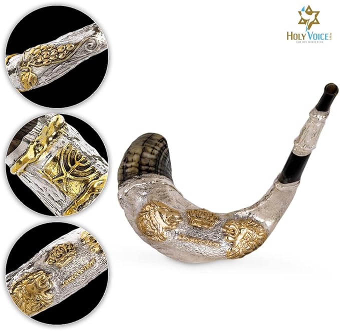 Holy Voice Sterling Silver-Plated Lions &amp Crown 18-20 Decorative Ram Shofar With Shofar Stand Carrying Bag and Cleaning Brush – Made in Israel.