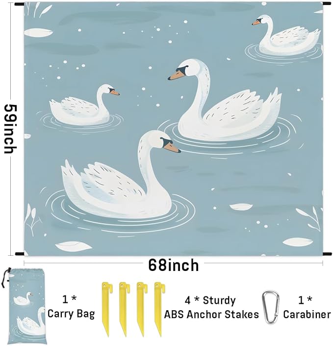 Waterproof Sandproof Beach Blanket 59''×68'' Animals Swans Polyester Outdoor Picnic Blanket with 4 Stakes &amp Storage Bag for BeachCampingVacation Grey