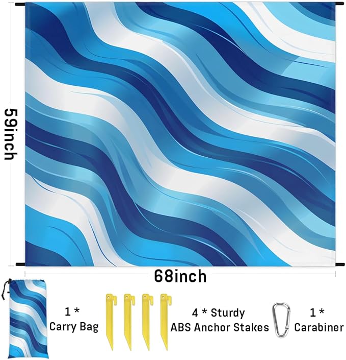 Waterproof Sandproof Beach Blanket 59''×68'' Ripple Polyester Outdoor Picnic Blanket with 4 Stakes &amp Storage Bag for BeachCampingVacation Blue