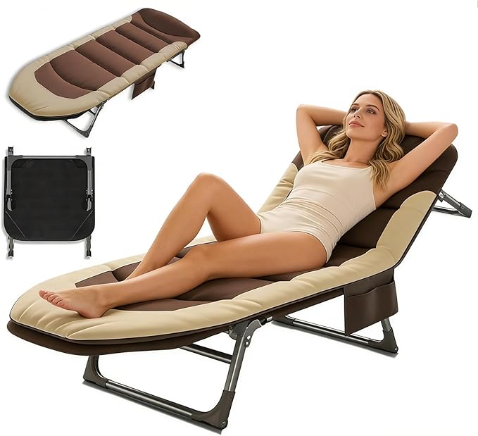 Folding Camping Cot Travel Cot with Adjustable Backrest und Side Pocket 450LBS Max Load Portable Cots for Adults Adult Cots for Sleeping for Outdoor Office Nap Beach Travel (Brown)