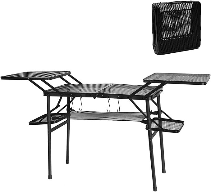 CDEN Camping Table Campact Table Folding Portable Tables Tailgate Tables with Side Table 4 Side Shelves mesh net for Camping Picnic BBQ