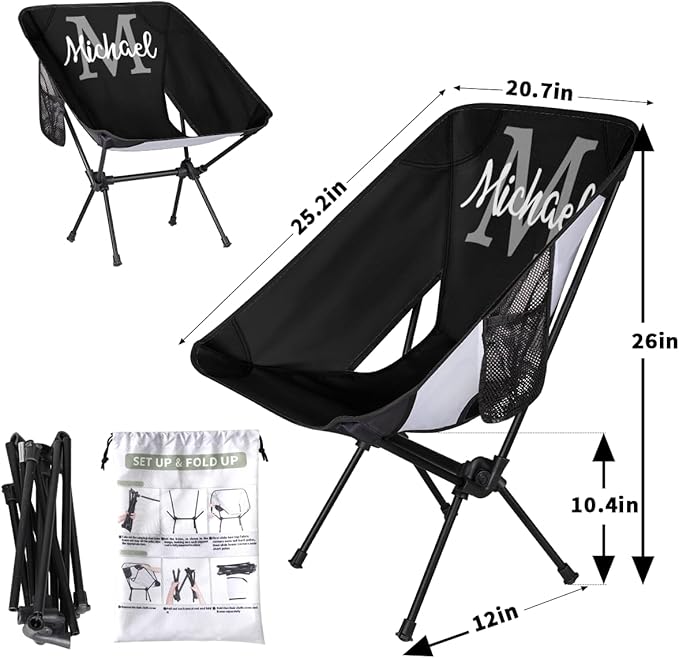 Custom Black Portable Camping Chair Personalized Backpacking Chair with Name Lightweight Foldable Chairs for Hiking Beach