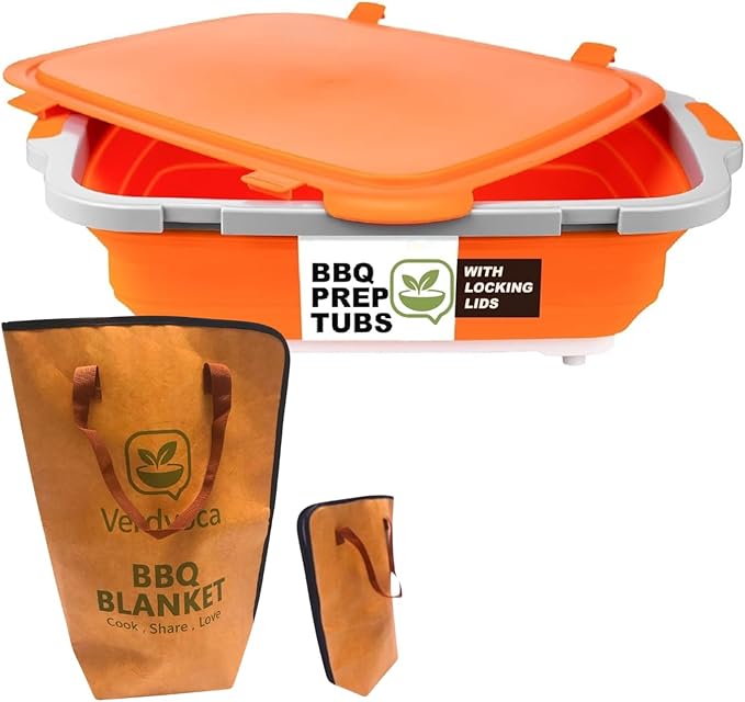 16L Orange Collapsible BBQ Prep Tub with Locking Lids &amp 21 Inch Pro Tyvek Brown BBQ Blanket for Resting Meat