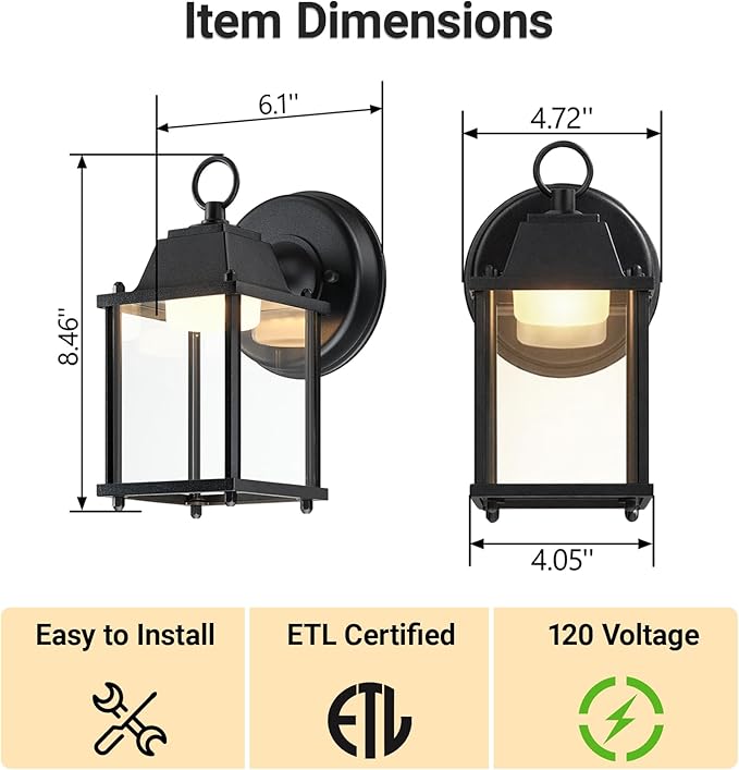 LIT-PaTH Outdoor LED Wall Lantern Wall Sconce Exterior Porch Lighting Fixture 3000K Warm White 9.5W 800 Lumen Aluminum Housing Plus Glass Black Finish 2-Pack