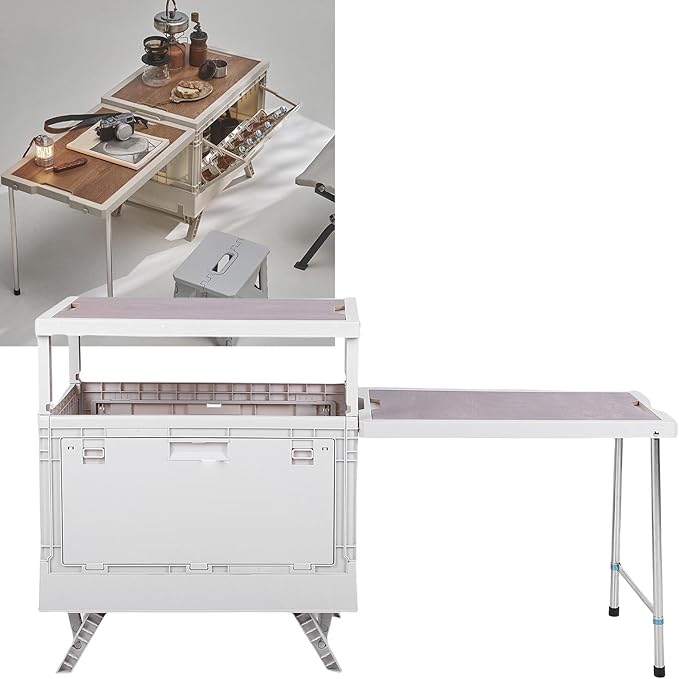 Folding Camping Storage Box with Table Board Multi Functional Collapsible Camp Kitchen Box Suitable for Outdoor Picnic Storage (White)