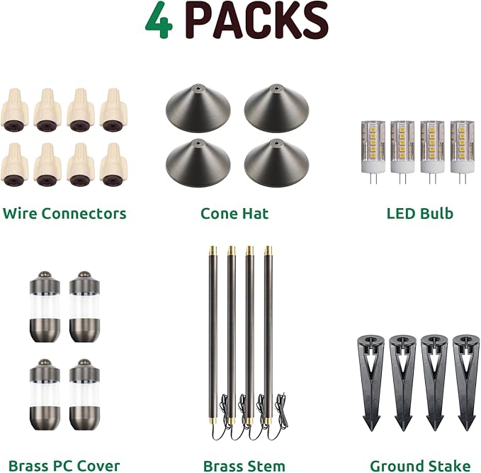 DOSHINE® Solid Brass Low Voltage Landscape Lighting Pathway Lights (7 Shade 22 Tall) with Replaceable 3W G4 LED Bulb 3000K AC/DC 12V and Ground Stake for Outdoor Walkway Driveway (UMB4-Pack)
