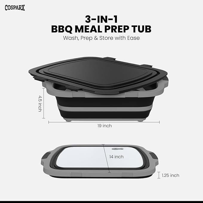 XL Collapsible BBQ Prep Tub with Cutting Board &amp Drain Plug – Portable Food Prep Station for Kitchen Camping &amp Grill – Dishwasher Safe Space-Saving Design – Heat-Resistant Glove Included (Bl