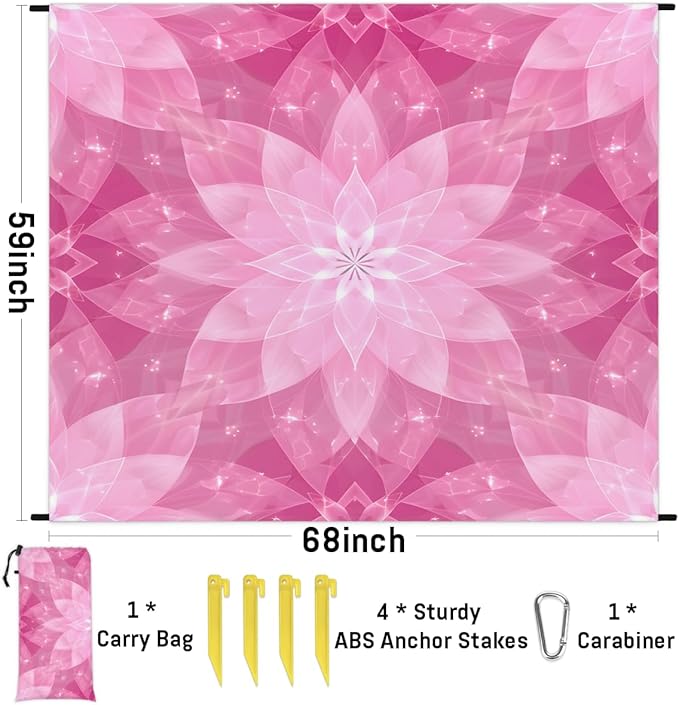 Waterproof Sandproof Beach Blanket 59''×68'' Floral Pattern Polyester Outdoor Picnic Blanket with 4 Stakes &amp Storage Bag for BeachCampingVacation Purplish-Pink