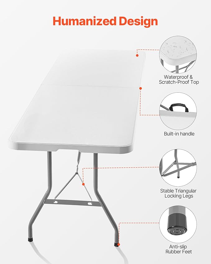 VEVOR Folding Table Heavy Duty Portable Fold-in-Half Utility Table Indoor Outdoor Plastic Rectangle Table with Built in Handle for Party Dining Wedding Events Picnic Camping 8 ft White