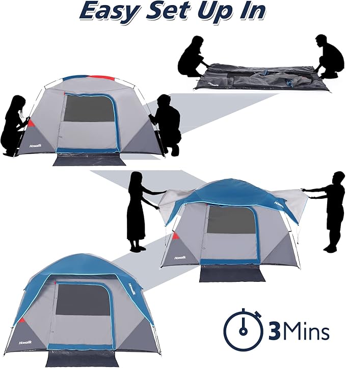 Camping Tent 4 Person Dome Tents Easy Set Up Waterproof Tent with Carry Bag Mesh Door Portable Family Tent with Rainfly for for Traveling and Family Hiking Blue