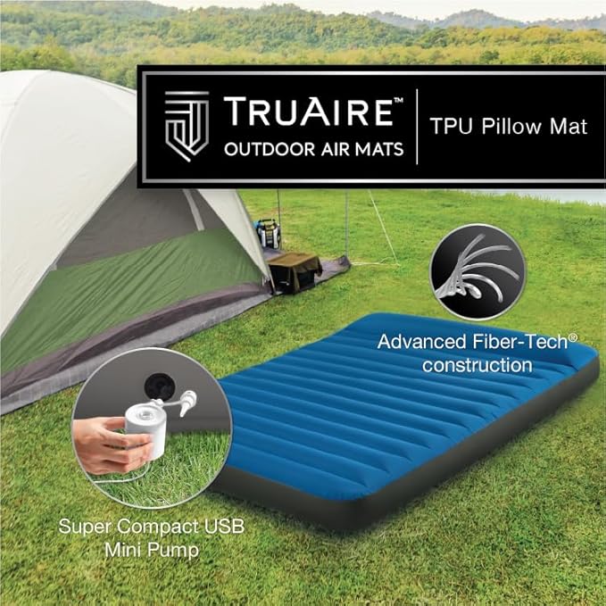 Intex 64012E TruAire Luxury Camping Mattress: Fiber-Tech – Puncture-Resistant Laminate – QuickFill USB Air Pump – 600lb Weight Capacity – Full Size Blue