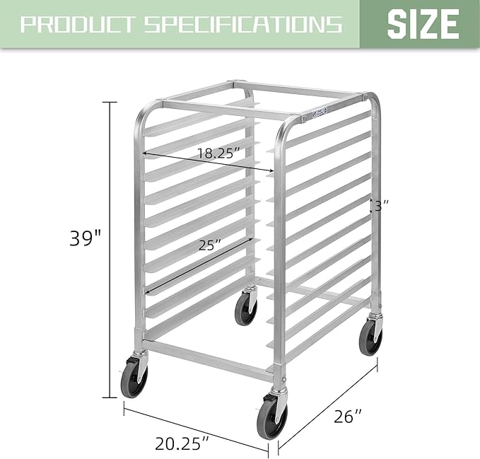 HALLY SINKS &amp TABLES H Bun Pan Rack 10 Tier with Wheels Commercial Bakery Racking of Aluminum for Full &amp Half Sheet - Kitchen Restaurant Cafeteria Pizzeria Hotel and Home 26 L x 20 W x