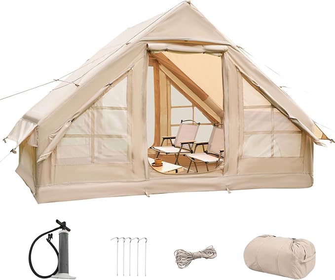 LVUYOYO Inflatable Camping Tent 4 Season Glamping Tent with Mesh Windows Waterproof Oxford Family Cabin Tents Easy Setup Blow Up Tent for Person