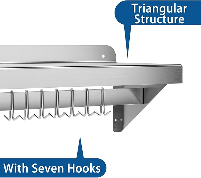 Stainless Steel Wall Shelf with Hooks - 12 x 48 Kitchen Storage Rack with Backsplash Metal Mount Organizer for Pots Pans Cookware for Home and Commercial Use NSF Certified
