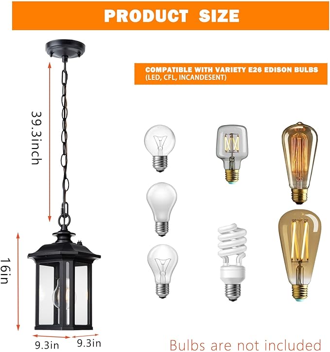 JYZ Dusk to Dawn Outdoor Pendant Lighting Large Exterior Hanging Lantern Light Fixture Classic Black Outdoor Chandelier Outside Ceiling Mount Hanging Lamp for Porch Hallway Foyer Patio Gazebo