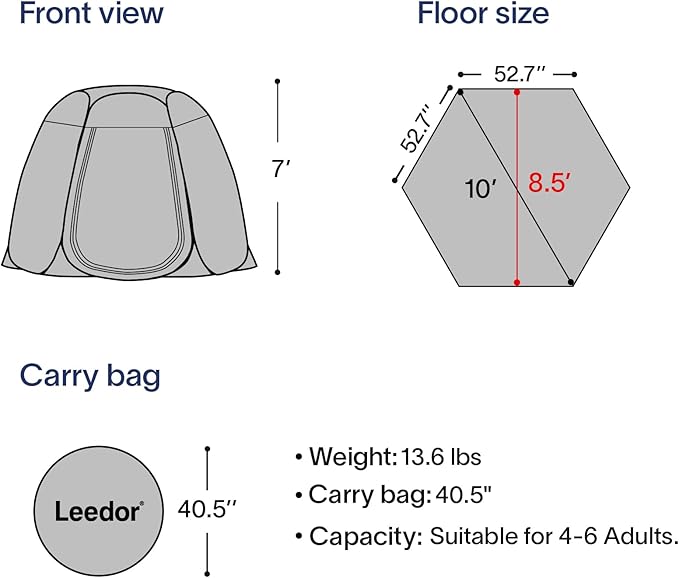 LEEDOR Pop Up Screen House Tent UPF 50+ and Windproof Dome Outdoor Canopy Tent with Roll Up Zipped Door Privacy Gazebo Compact and Lightweight for Party Camping Fishing Picnic Grey