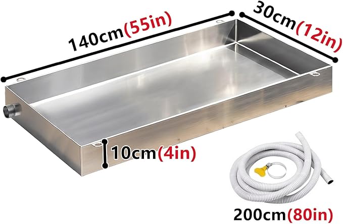 304 Stainless Steel AC Drain Pan with Flexible Hose 4 Height Leakproof Drain Tray for Air Conditioners Kitchens &amp Plants - 30x140cm (12x55in)