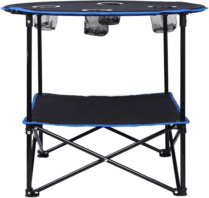 LEADALLWAY Folding Picnic Table Portable Outdoor Camping Table with 4 Cup Holders and Carrying BagsCollapsible Canvas Travel Table for Outdoor PicnicBarbecueTravelFishing (Black+Blue)