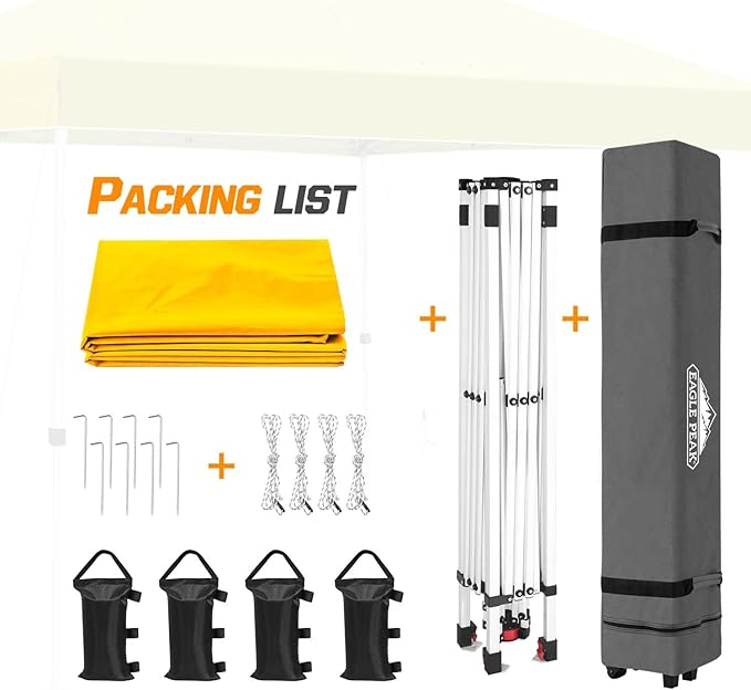 EAGLE PEAK Pop Up Canopy Tent with Wheeled Carry Bag 8 Stakes 4 Ropes 4 Weight Bags Easy Set Up Tent Canopy 10x10 ft 100sqft of Shade Yellow