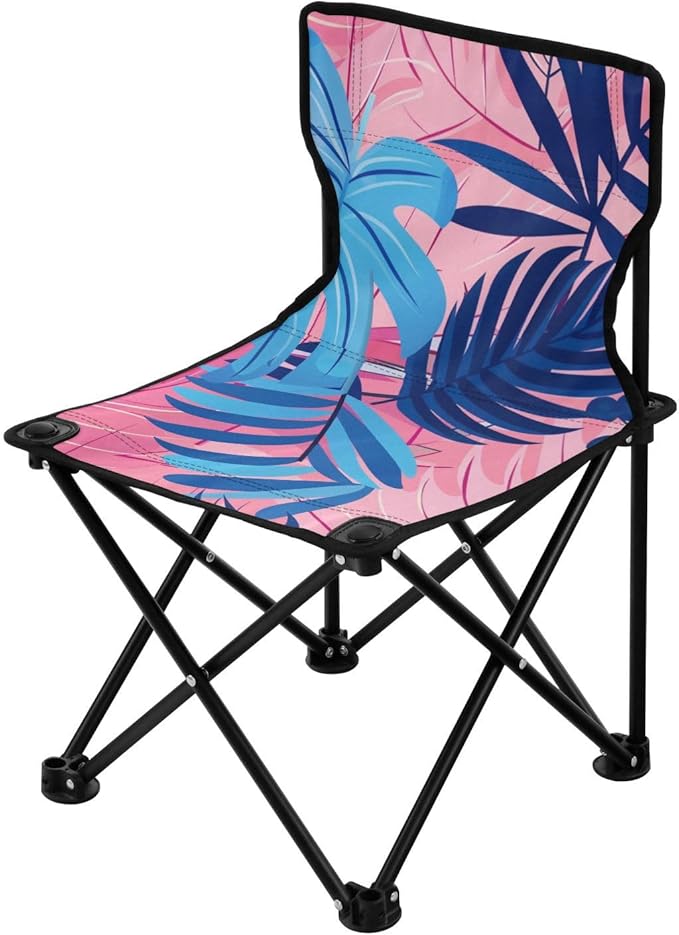 KLL Pastel and Blue Palm Leaves Folding Heavy Duty Camping Chairs Ultralight Compact Folding Chair with Carrying Bag Lawn Chairs for Concert Sports