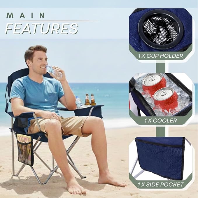Pack of 4 Portable Lawn Chairs with Built-in Can Cooler Storage Pocket Carry Bag and Cup Holder Includes Carry Bag (4 Navy)