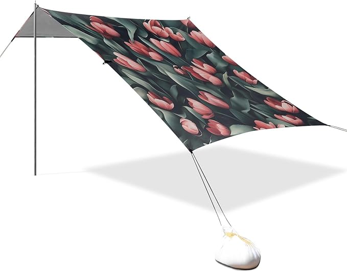 Beach Tent Sun Shelter Pink Tulips Leaves Lightweight &amp Easy Setup Beach Shade Canopy for Camping Fishing