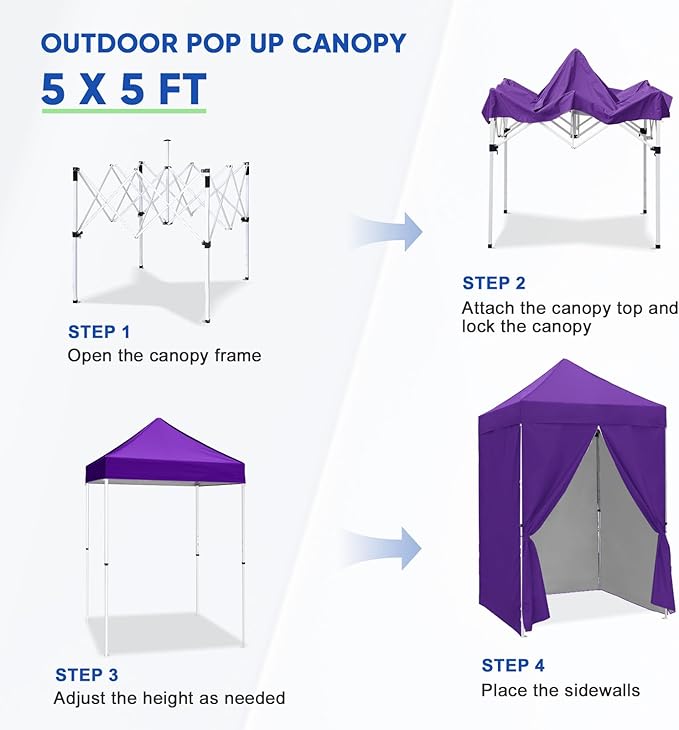 COOS BAY Pop Up Canopy Tent 5x5 with Four Side Walls Portable Lightweight Sun Shelter with Carry Bag Outdoor Shade for Beach Sports Hiking Patios Backyard Events Purple