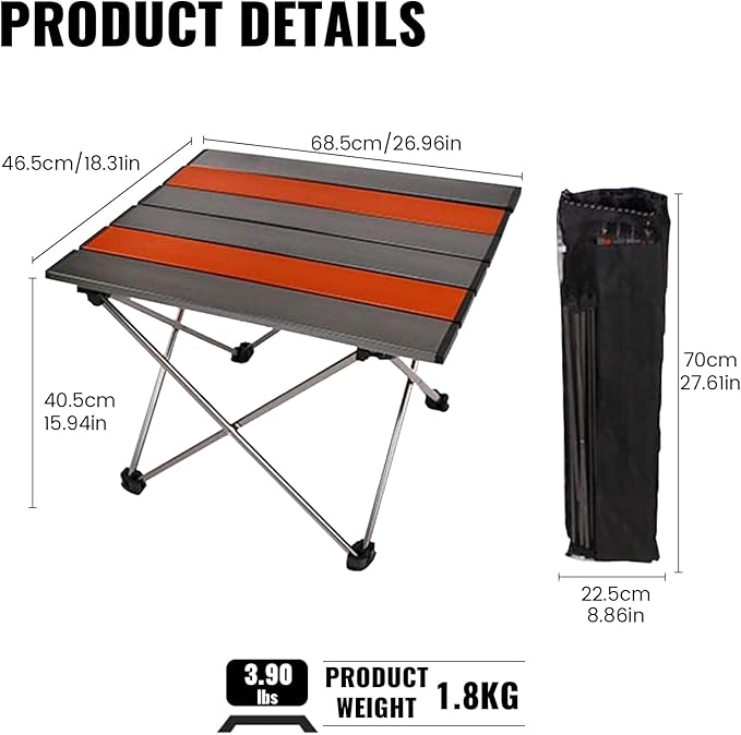 Portable Camping Folding Table Outdoor Lightweight Camping Aluminum Table for Picnic Camp Boat Travel Party Dining Camp Tables(Orange+Sliver) (Large-27 Dx18 Wx16 H(68.5×46.5×40.5 cm))