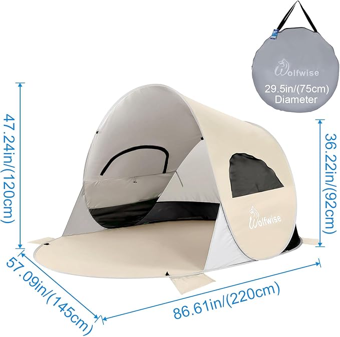 Wolfwise Pop up Beach Tent Sun Shelter with UPF50+ UV Protection Instant Easy Setup Popup Beach Shade Canopy for 3 Person Portable &amp Foldable with Carring Bag 87 ×57×47 in Beige