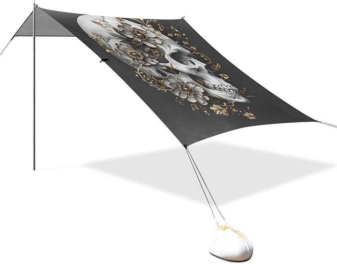 ALAZA Golden Flowers Skull Beach Tent Sun Shelter UPF50+ Protection Beach Shade Canopy w/ 4 Sandbags for Outdoor Camping Fishing Backyard Fun Picnic 10x9 ft