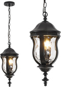 Large Outdoor Pendant Light Fixtures 19.1'' Exterior Hanging Lantern Porch Light Adjustable Black Hanging Lamp Farmhouse Exterior Chandelier Ceiling Mount for Entrance Patio
