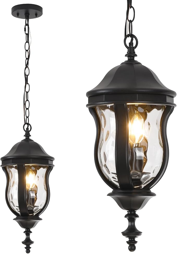 Large Outdoor Pendant Light Fixtures 19.1'' Exterior Hanging Lantern Porch Light Adjustable Black Hanging Lamp Farmhouse Exterior Chandelier Ceiling Mount for Entrance Patio