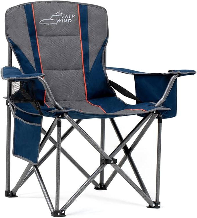 FAIR WIND Heavy Duty Camping Chair Oversized Padded Folding Chair for Big and Tall (450lbs) Extra Wide Seat with Integrated Cooler &amp Storage Pocket Adjustable Lumbar Support for Outdoor