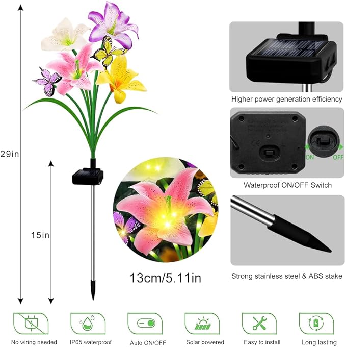 Solar Garden Lights 2 Pack with 8 Lilies Outdoor Decorative Flower Lights for Garden Gift for Family and Friends IP65 Waterproof Flower Solar Outdoor Stake Lights for Yard Patio Lawn Pathway
