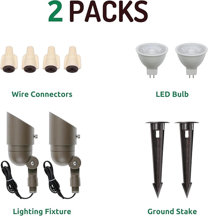 Lumina Lighting® 4W Landscape Lighting 12V Landscape Lights Low Voltage Landscape Spotlights Warm White Waterproof Outdoor Replaceable LED Bulb for Garden Lawn Porch Patio and Yard (Bronze 2-Pack)