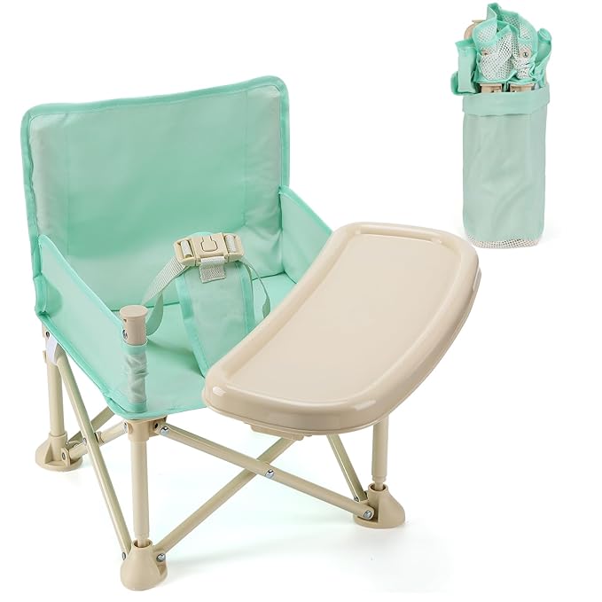 Baby Beach Chair for Toddlers 1-3 - Lightweight Foldable Baby Camping Chair with Tray and Storage Bag Easy to Clean Safe Kids Outdoor Lawn Chairs for Garden RV Travel (Green)