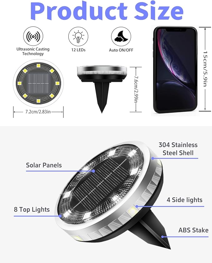 Solar Ground Lights Outdoor 18 Pack Waterproof Upgraded Solar Garden Lights with 4 Side Light Stainless Steel Solar Powered Disc Landscape Light for Walkway Lawn Yard Patio Deck-Cool White