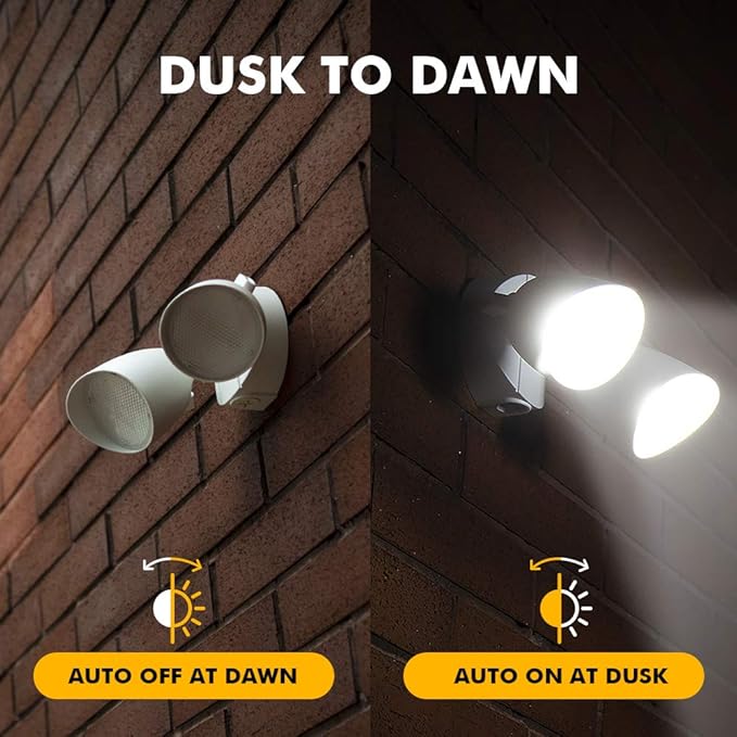 LUTEC 6222W-D2D 3500 Lumen 32 Watt Dusk to Dawn Dual-Head Flood Light Outdoor Waterproof Exterior Security Wall Light Full Metal Design Floodlight for Patio Garden Yard-White