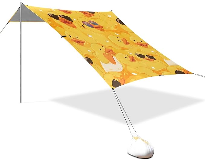 ALAZA Happy Yellow Duck W/Sunglasses Beach Tent Sun Shelter UPF50+ Protection Beach Shade Canopy w/ 4 Sandbags for Outdoor Camping Fishing Backyard Fun Picnic 10x9 ft