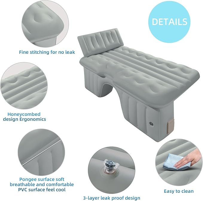 BEBAS Inflatable Car Air Mattress for Back Seat &amp SUV - All-in-One Design with Built-in Pump &amp Pillow Quick 1-Key Inflation/Deflation Comfort Portable Bed for Camping Travel Trucks | Gray