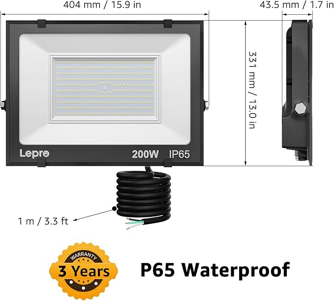 Lepro 200W Outdoor LED Flood Lights 5000K 10000 Lumens Super Bright for Yard Garden Driveway Pool Parking Area Playground Outside Floodlight Fixture (watts 200)