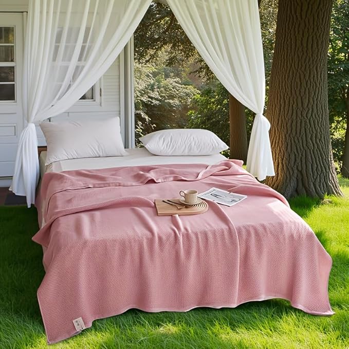 Bnitoam 100% Cotton Waffle Weave Blanket for Bed Couch Sofa 80x92 Ultra Soft Breathable Cooling Cellular Blanket for Adult Lightweight All Season Machine Washable (Pink 80x92)
