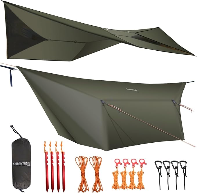 onewind 12×10 ft Hammock Tarp Ultralight Tarp Silnylon Hammock Rain Fly Lightweight Waterproof Camping Tent Tarp with Doors Easy to Setup with Stuff Sack Tent Stakes OD Green