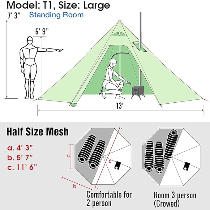 4 Persons 5lb Lightweight Tipi Hot Tents with Stove Jack 7'3 Standing Room Teepee Tent for Hunting Family Team Backpacking Camping Hiking