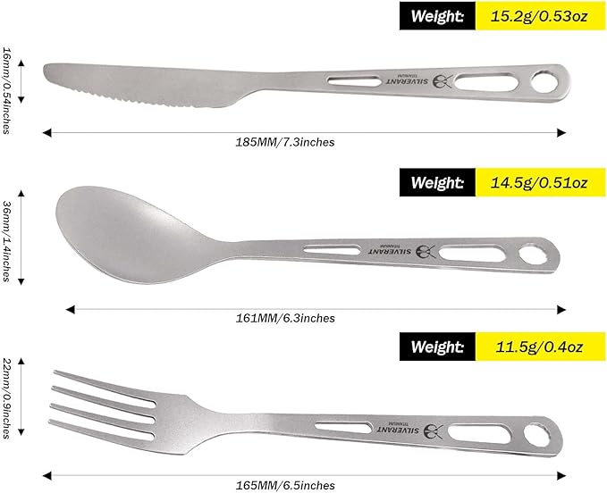 SILVERANT Titanium 3 Piece Cutlery Set Extra Strong Ultra-Lightweight Durable Knife Fork &amp Spoon Tableware for Outdoor Camping &amp Hiking Comes with Drawstring Bag &amp Titanium Carabiner