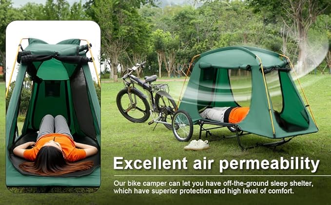 Premium Electric Bike Camper Trailer Tent Folding Waterproof Bicycle Camper with 16 Off-Road Wheels PU3000mm 2-Min Setup Elevated Sleeping with Mosquito Net for E-Bike Camping