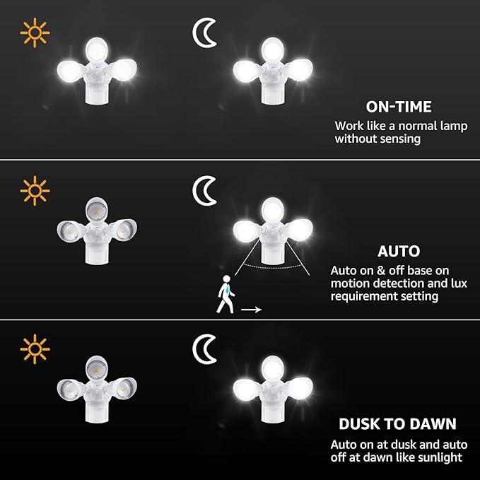 LEONLITE COB LED Security Lights Motion Sensor Aluminum Flood Lights Outdoor 3 Modes Motion Detector+Dusk to Dawn+Switch Control 100-277V Adjustable 3-Head IP65 ETL 5000K Daylight White