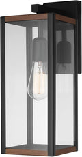 GLOBE Electric 44681 1-Light Outdoor Indoor Wall Sconce Matte Black Faux Wood Accents Clear Glass Shade Back Porch Lights Front Patio Garage Fixture Exterior Lighting for House